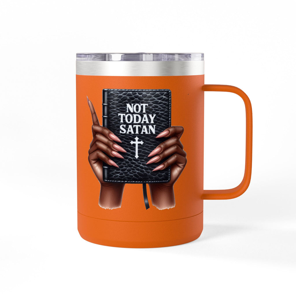 Not Today Satan Mug Tumbler — 15oz Insulated Coffee Cup with Bible Graphic