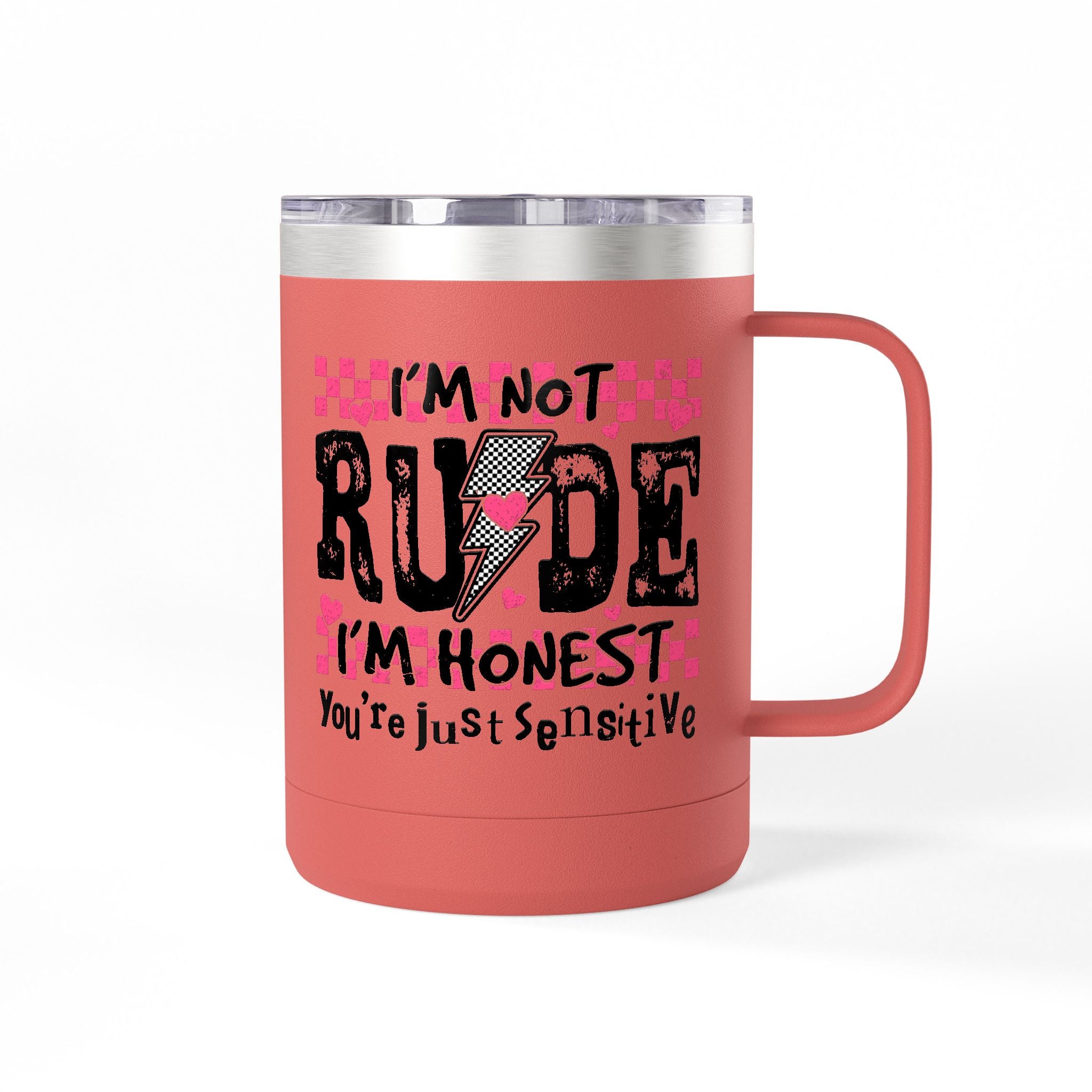 Coffee Mug — “I’m Not Rude, I’m Honest” Pink Checker Lightning Tumbler (15oz)