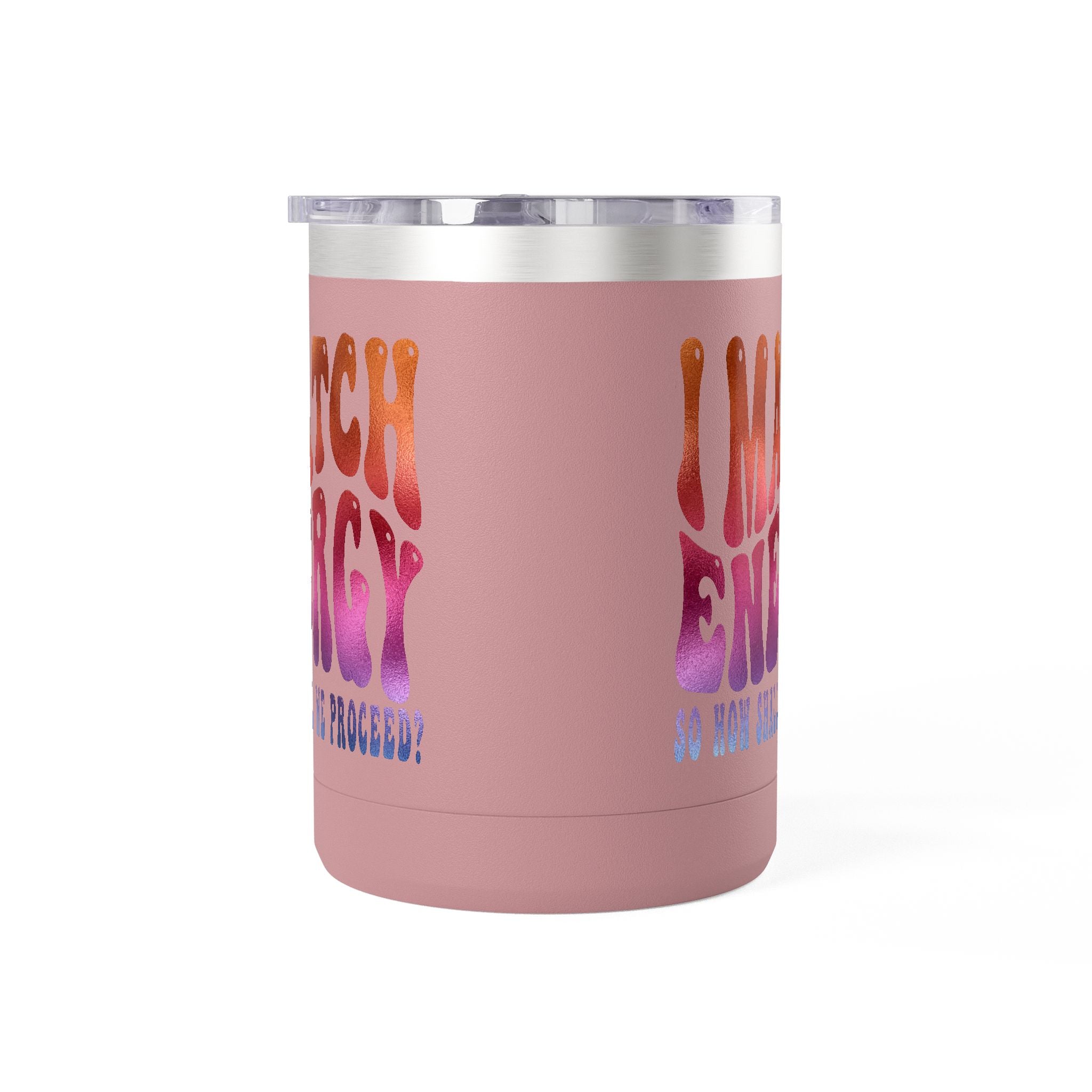 Travel Mug — "I Match Energy (So How Shall We Proceed?)" Gradient Retro Coffee Tumbler, 15oz