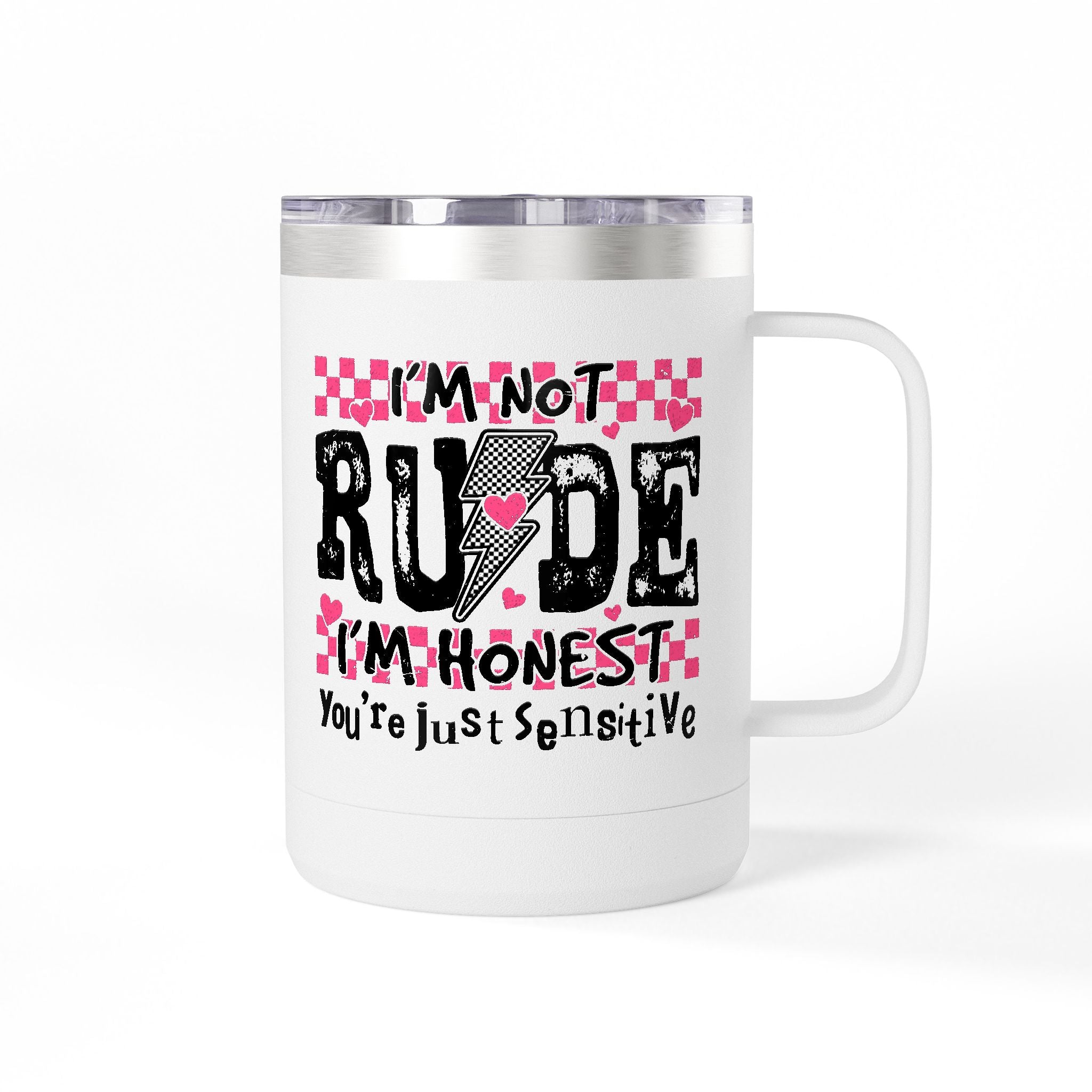 Coffee Mug — “I’m Not Rude, I’m Honest” Pink Checker Lightning Tumbler (15oz)