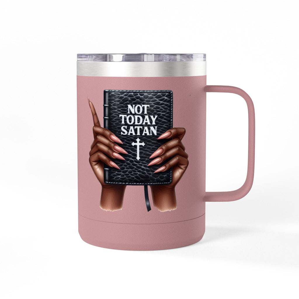 Not Today Satan Mug Tumbler — 15oz Insulated Coffee Cup with Bible Graphic