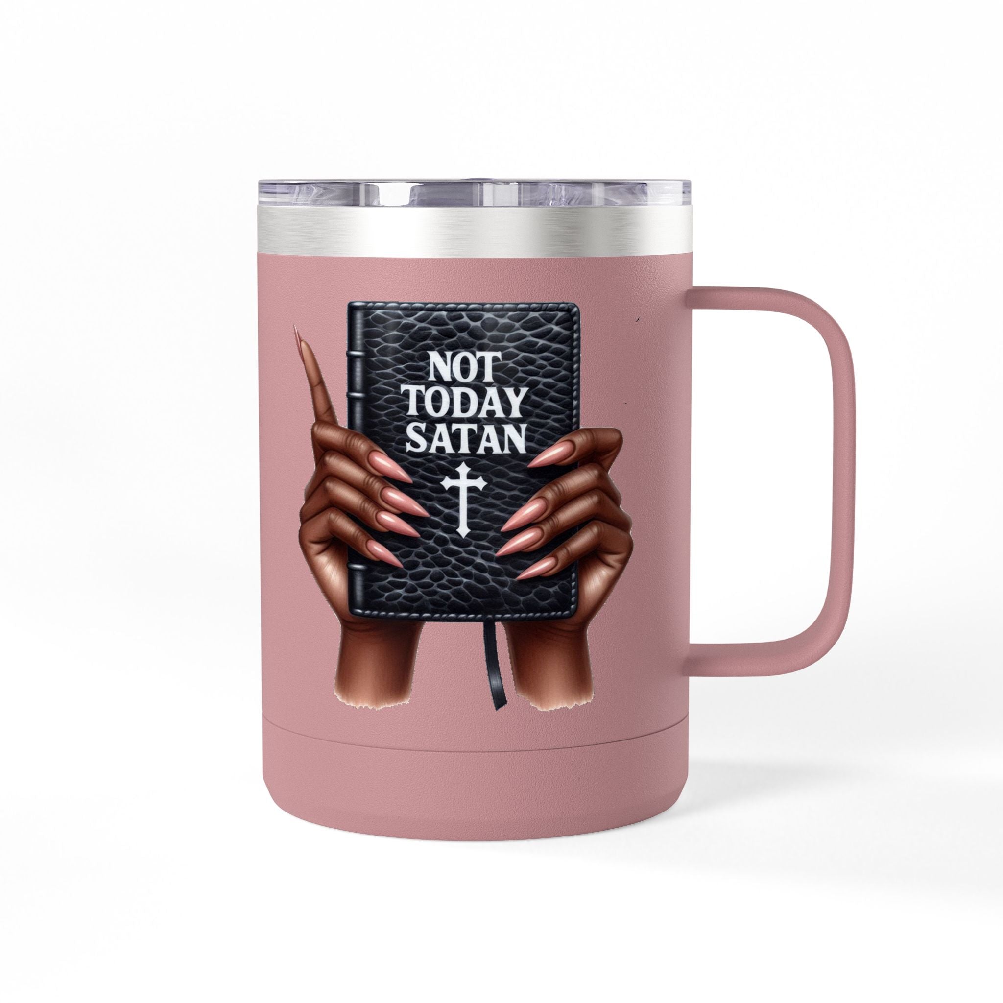 Not Today Satan Mug Tumbler — 15oz Insulated Coffee Cup with Bible Graphic