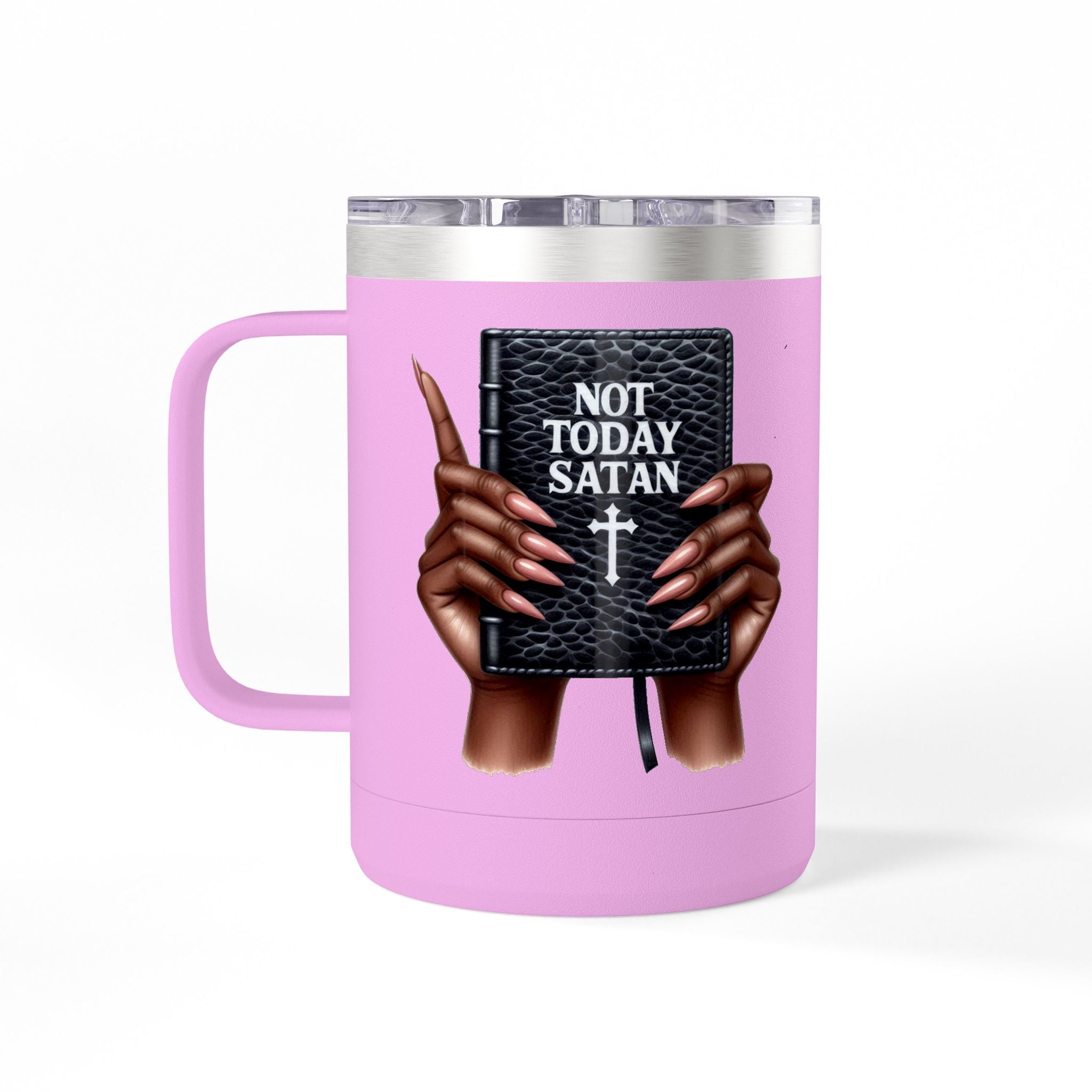 Not Today Satan Mug Tumbler — 15oz Insulated Coffee Cup with Bible Graphic