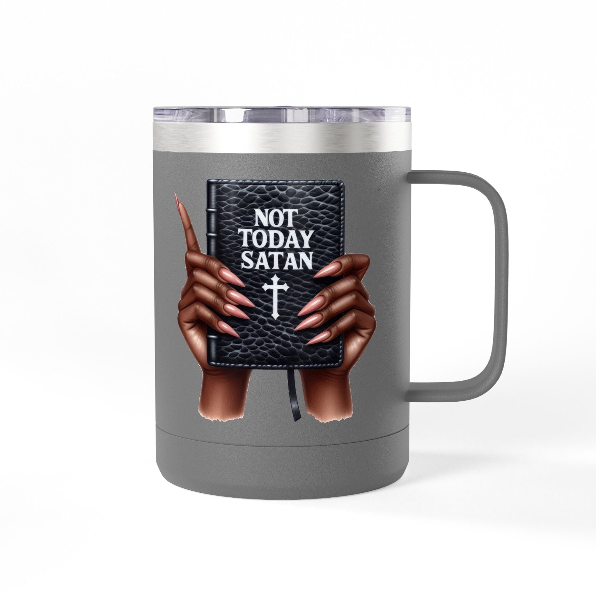Not Today Satan Mug Tumbler — 15oz Insulated Coffee Cup with Bible Graphic