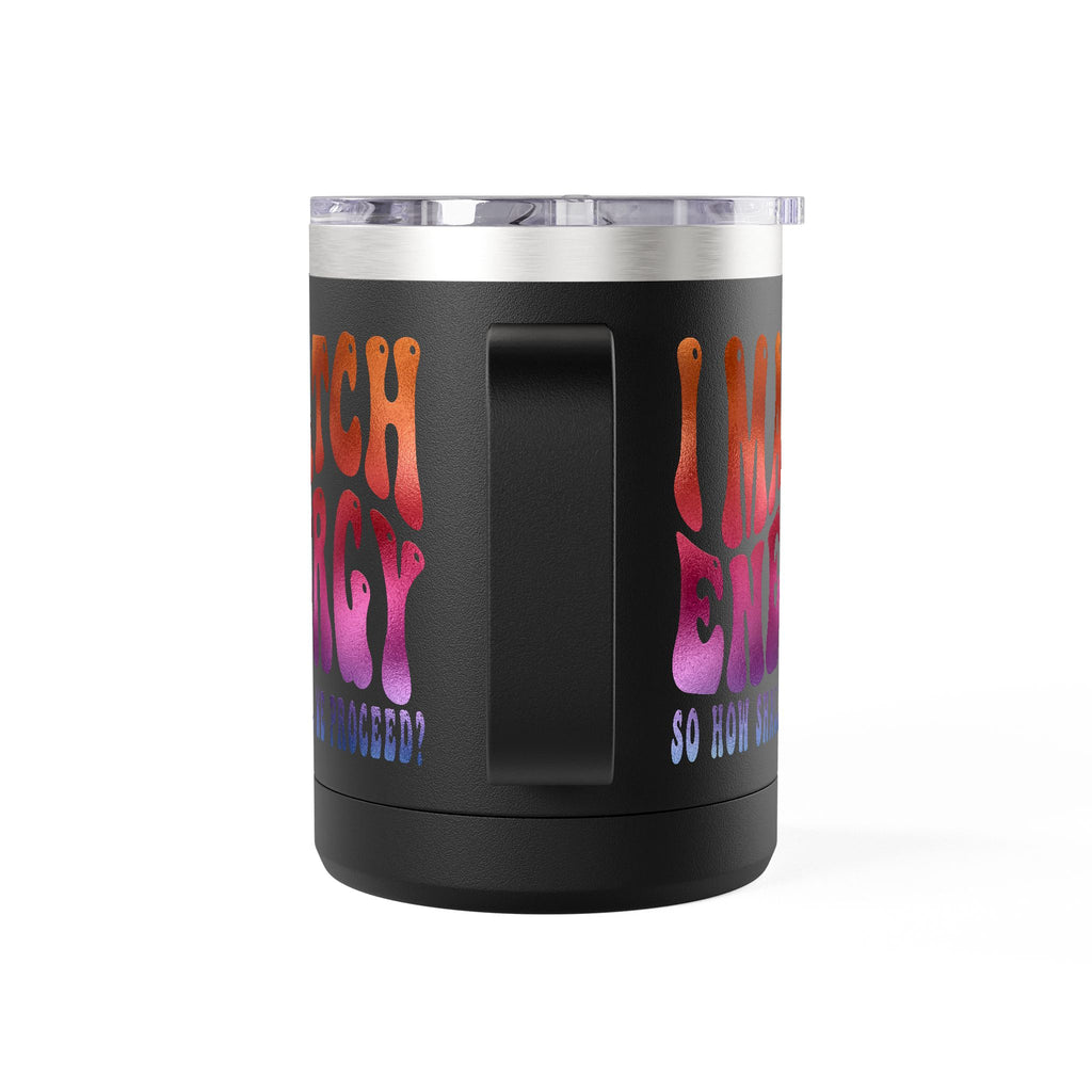 Travel Mug — "I Match Energy (So How Shall We Proceed?)" Gradient Retro Coffee Tumbler, 15oz