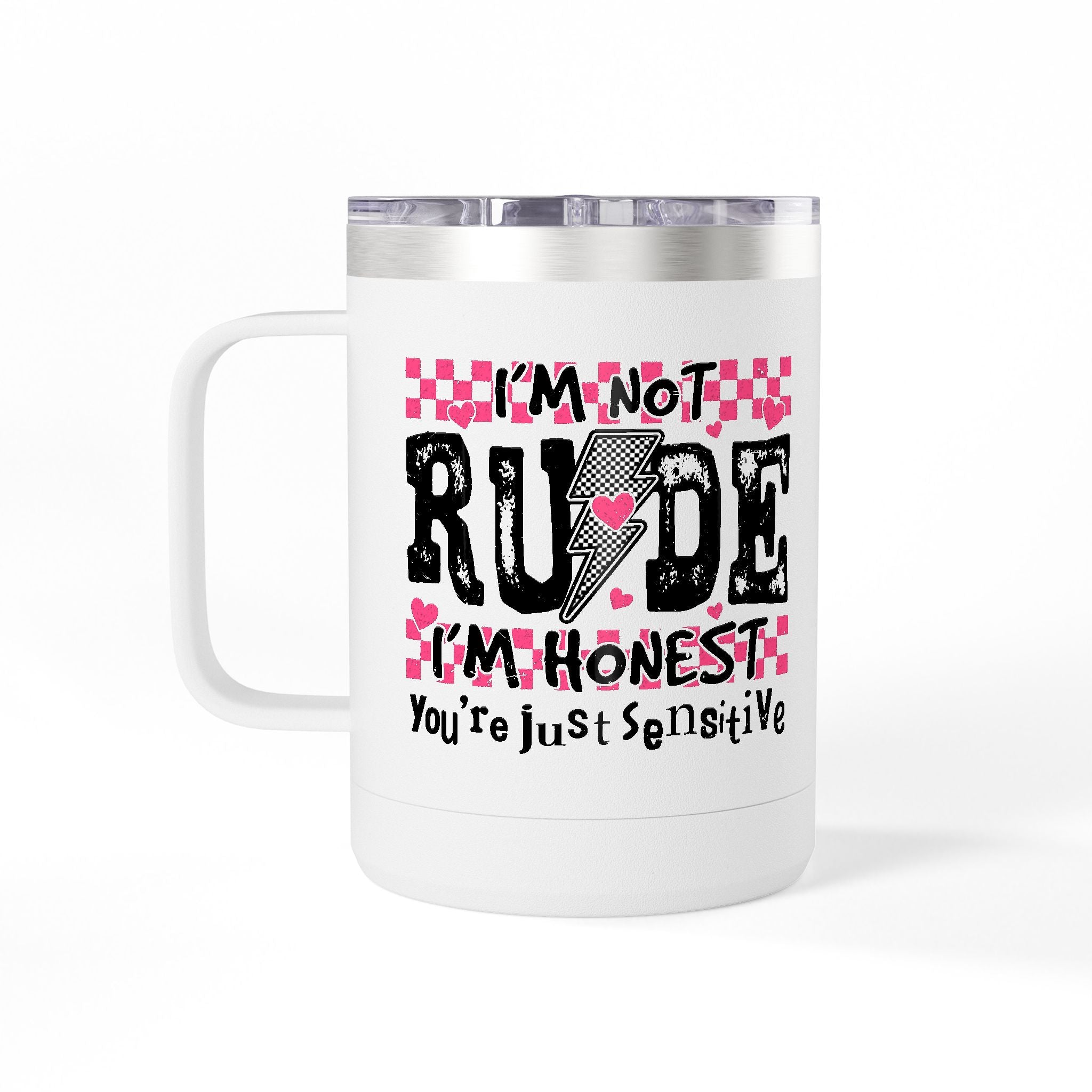 Coffee Mug — “I’m Not Rude, I’m Honest” Pink Checker Lightning Tumbler (15oz)